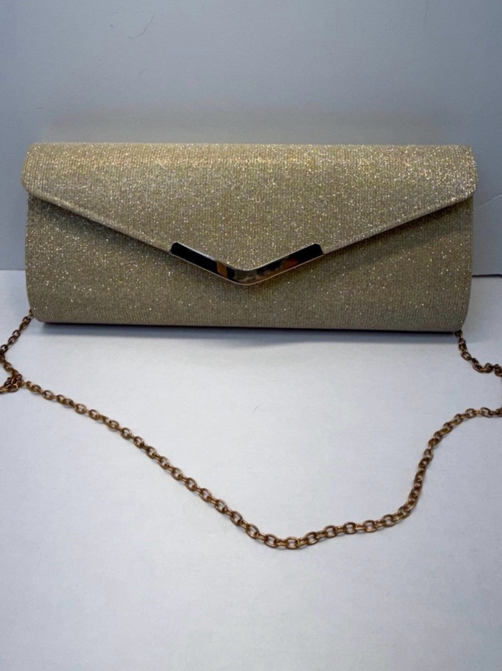 Gold Glitter Envelope Clutch with Removable Chain